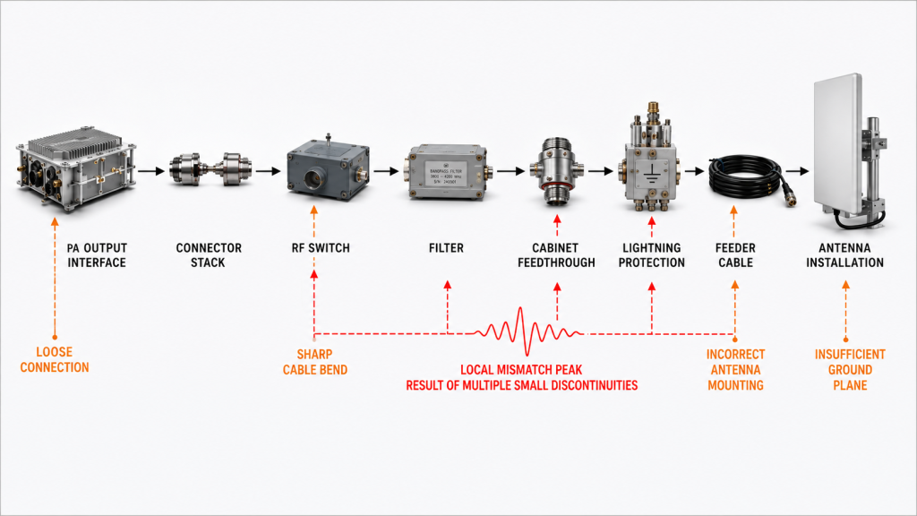 RF path elements including connectors, cable bends, filters, cabinet feedthroughs, lightning protection, feeder cable, and antenna installation that can create a one-frequency mismatch.