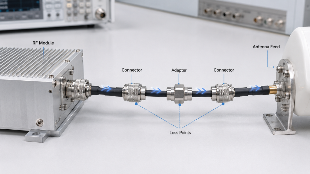 RF Power Amplifier output path with cable, connector, adapter, and antenna feed loss consuming available power margin.