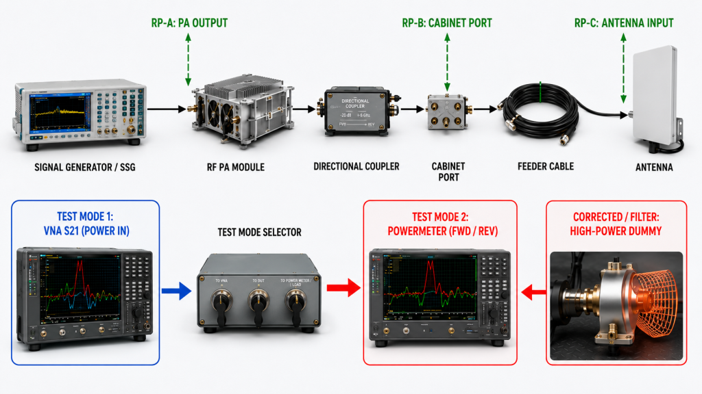 RF PA test setup showing the PA output, cabinet port, and antenna input reference planes with low-power VNA and powered FWD and REV measurements.