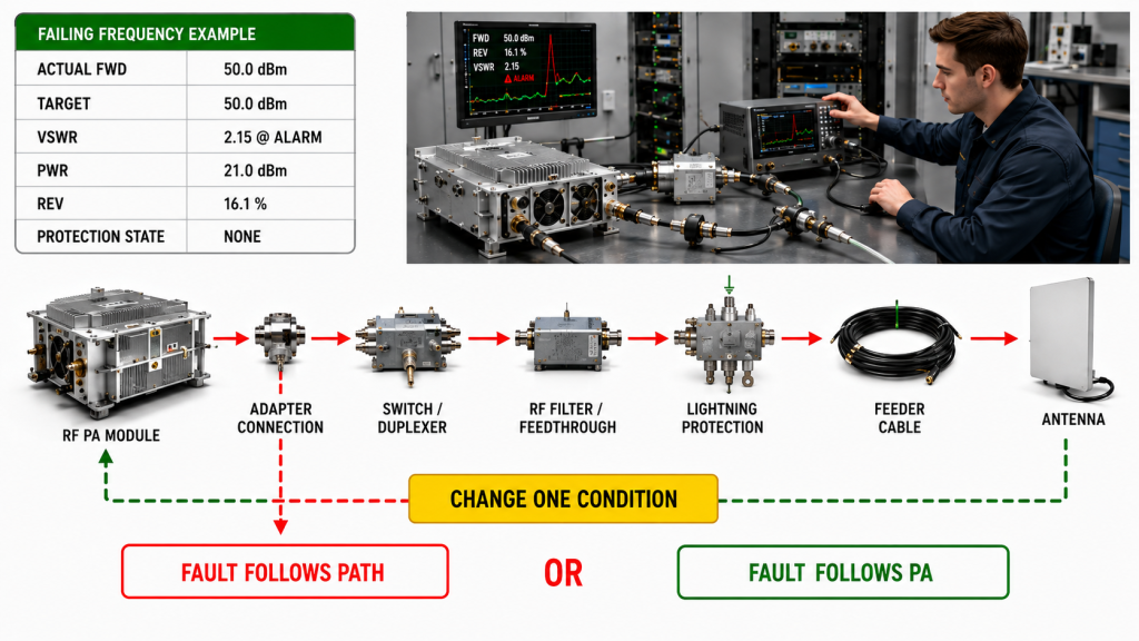 One-frequency VSWR alarm troubleshooting by changing one RF path condition and checking whether the fault follows the installed path or the PA module.