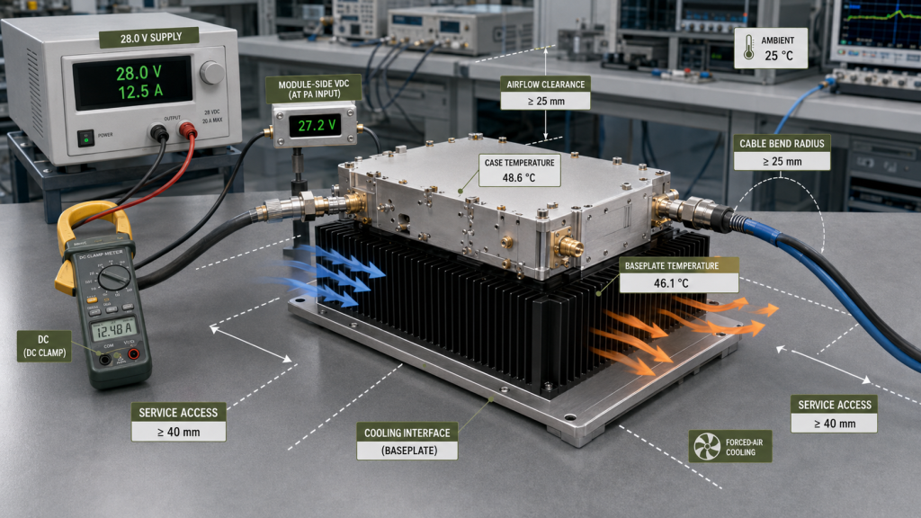 RF power amplifier installation showing module-side DC voltage, current, case and baseplate temperatures, cooling interface, airflow clearance, and service space