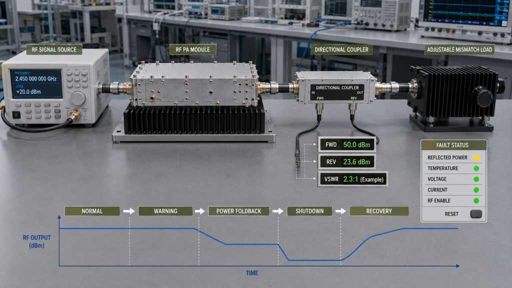 RF power amplifier mismatch test showing forward and reflected power, VSWR, power foldback, shutdown, recovery, and separate fault status signals