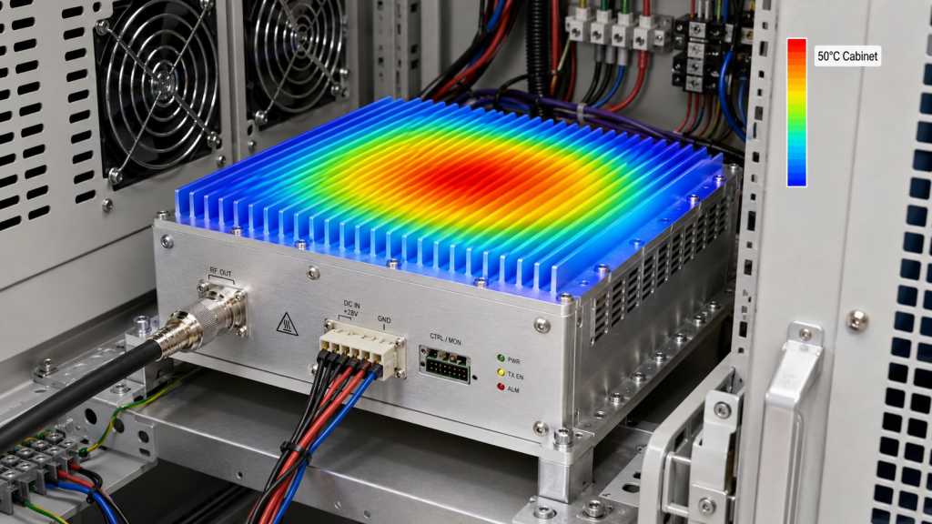 RF Power Amplifier thermal derating inside a hot cabinet showing reduced real output power under high temperature conditions.