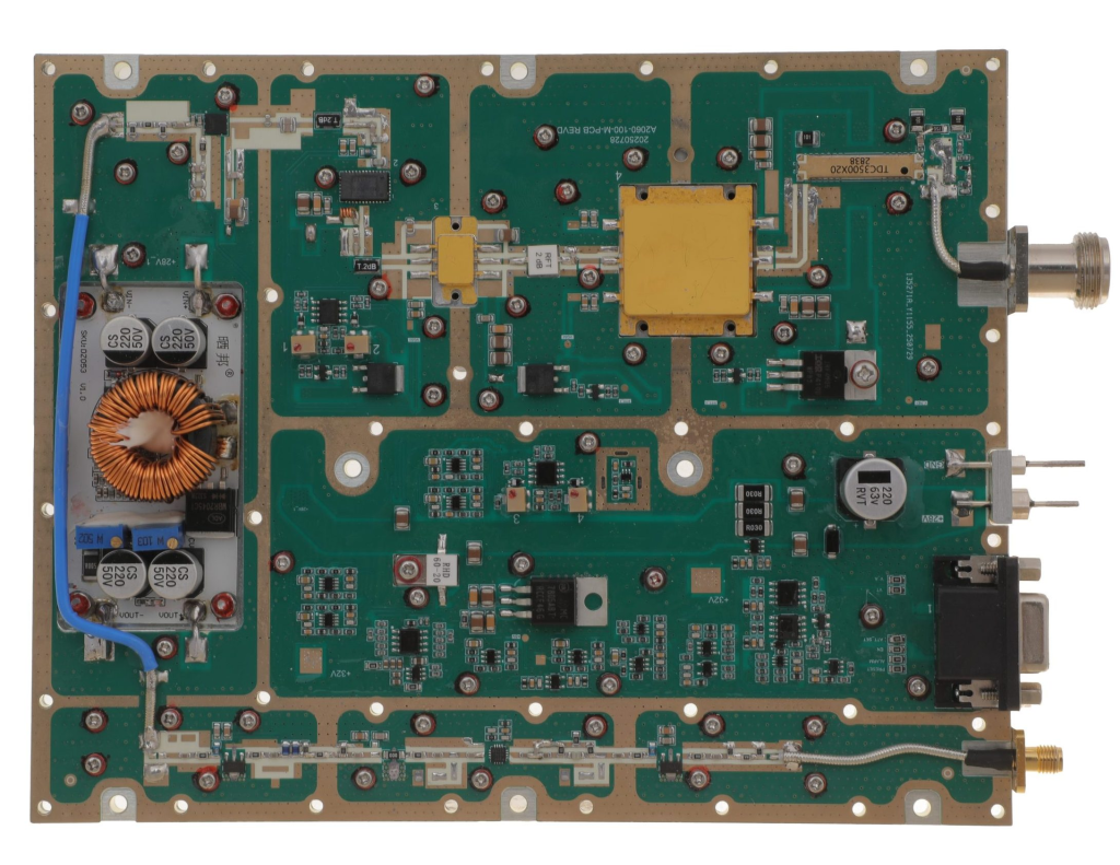 Inside a Drone Jammer Module showing the RF PA stage, optional filter and switch section, control, protection, cooling, and interfaces