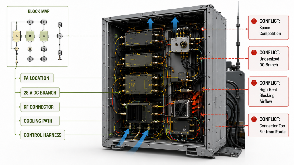 RF PA block map reviewed before cabinet layout to prevent space competition, undersized DC branches, blocked airflow, and connectors placed too far from assigned RF routes