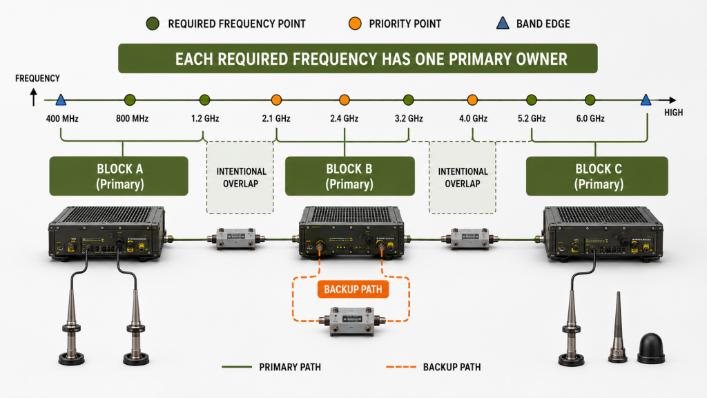 Required frequency points assigned to primary RF PA blocks with intentional overlap, primary ownership, and a controlled backup path