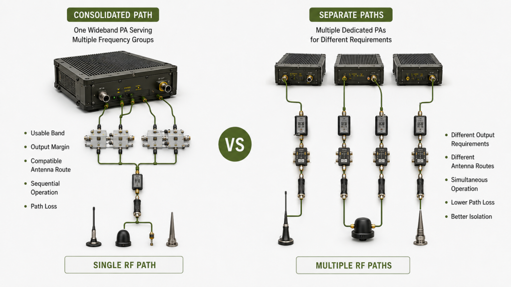 Comparison between one consolidated wideband RF PA path and multiple separated RF PA paths for different output, antenna, simultaneous-operation, and path-loss requirements