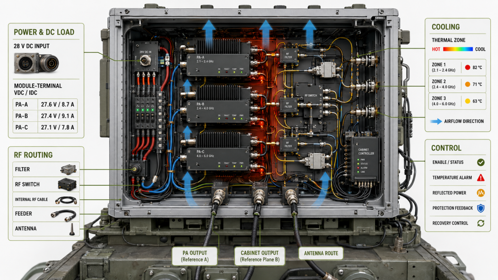 Vehicle-mounted C-UAS cabinet showing how 28 V DC load, module-terminal voltage and current, cooling, RF routing, antenna assignment, and control limits affect the RF PA block plan