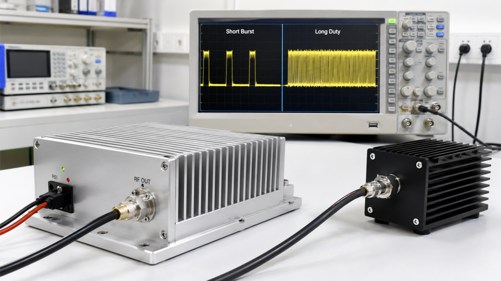 RF Power Amplifier duty cycle comparison showing short peak output and long-duty operation affecting thermal load and power selection.