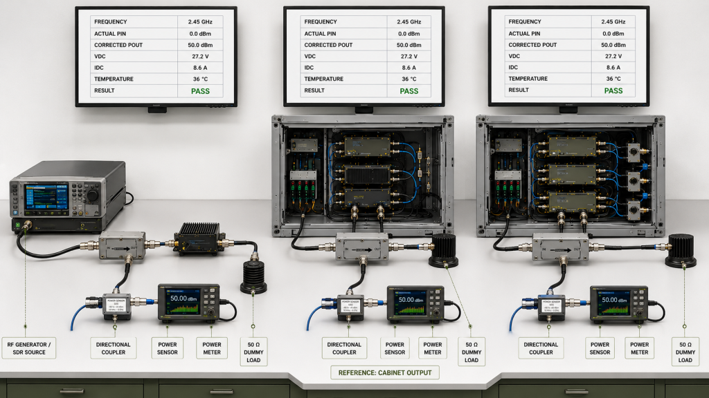 Module-level, block-level, and simultaneous-operation RF PA acceptance evidence using corrected output power, module-terminal VDC and IDC, temperature, and pass results
