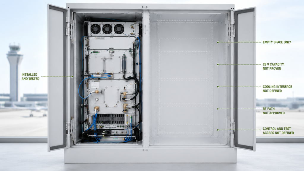 Airport C-UAS cabinet showing installed RF PA hardware and an unqualified reserved expansion area