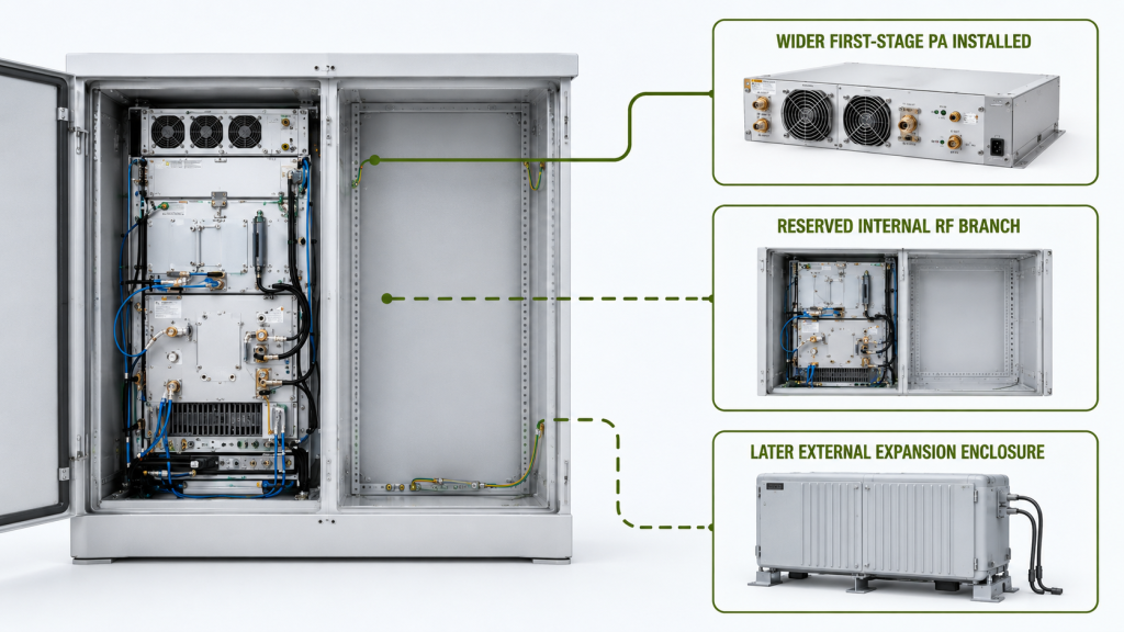 RF PA expansion architecture options including a wider first-stage PA, reserved internal RF branch, and external enclosure