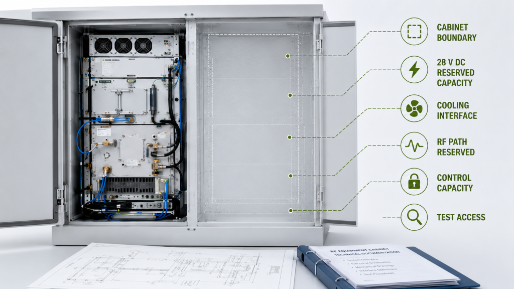 RF PA expansion reserve boundaries for cabinet space, 28 V DC capacity, cooling, RF path, control, and test access