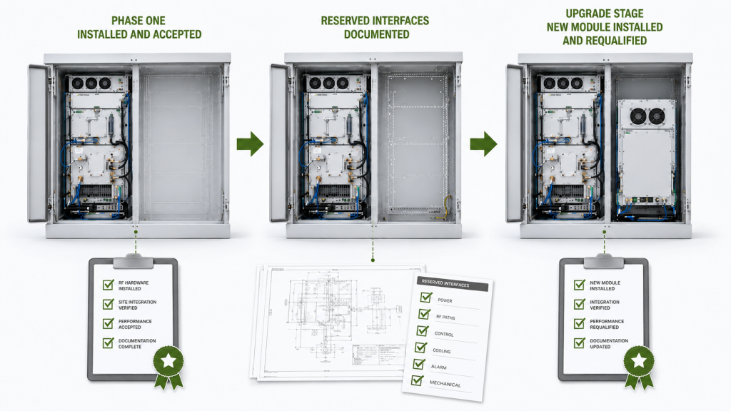 RF PA expansion evidence stages from phase-one acceptance through reserved interfaces to module installation and requalification
