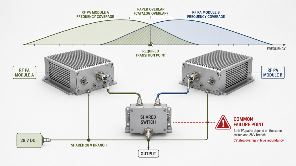 Paper overlap between two RF PA modules sharing the same RF switch and 28 V branch, creating a common failure point.