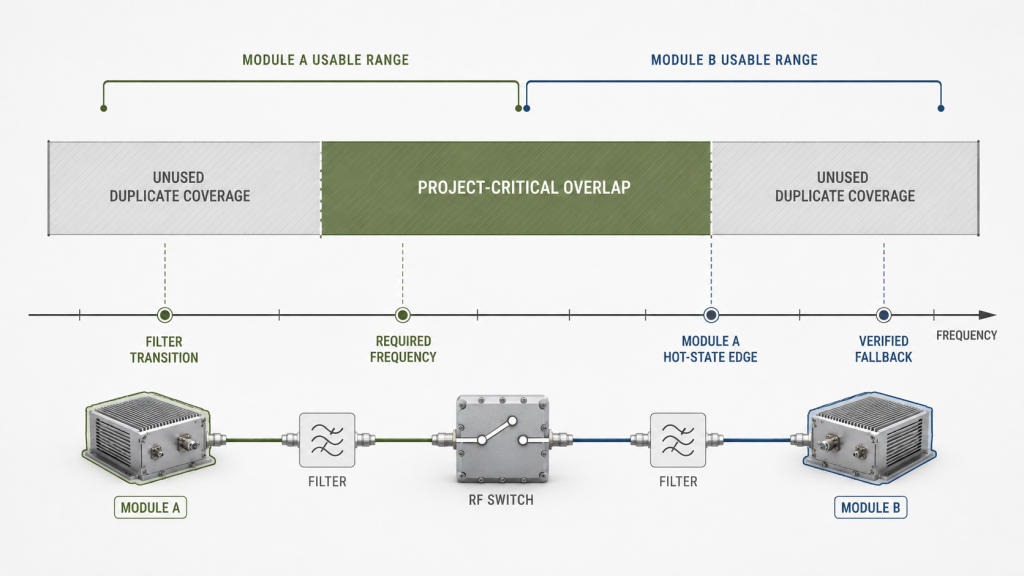 Project-critical RF PA overlap showing usable module ranges, filter transition, required frequency, hot-state edge, and verified fallback.