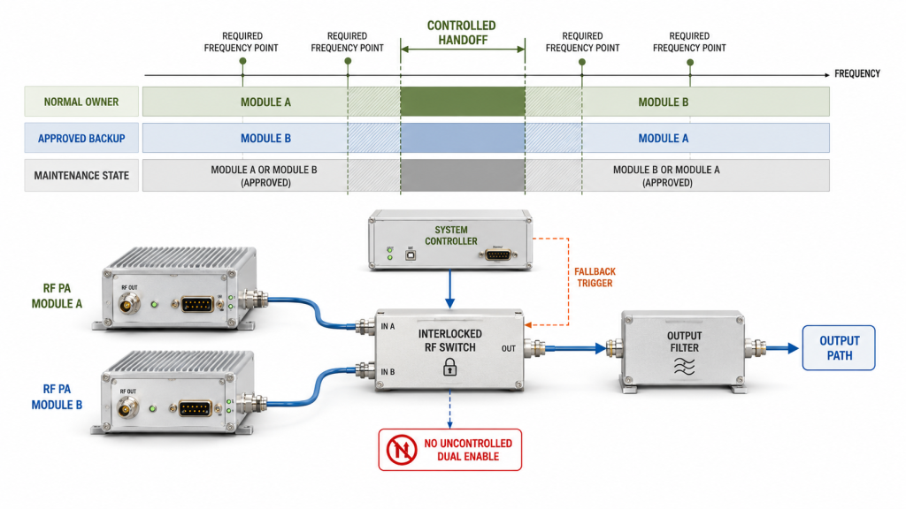 RF PA overlap ownership showing the normal owner, approved backup, maintenance state, controlled handoff, fallback trigger, and interlocked RF switch.