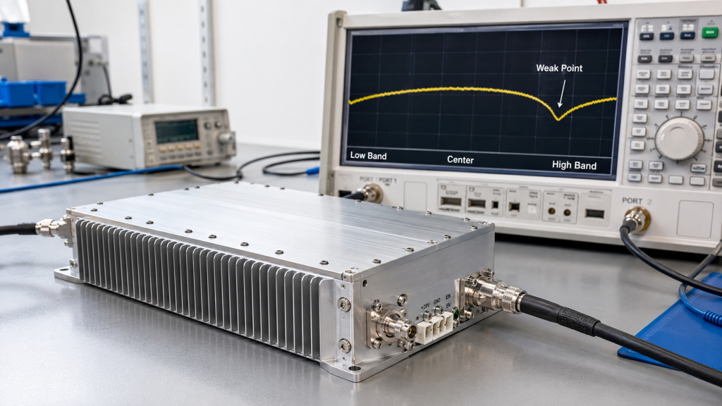 RF Power Amplifier frequency range and gain flatness test showing different output behavior across low, center, and high frequency points.