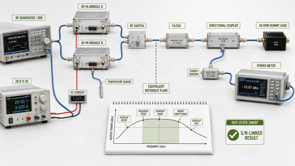 Hot-state RF PA overlap test setup with two modules, an RF switch, filter, directional coupler, dummy load, equivalent reference plane, and S/N-linked results.