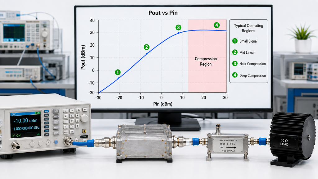 RF PA Pout versus Pin curve showing linear operation and gain compression