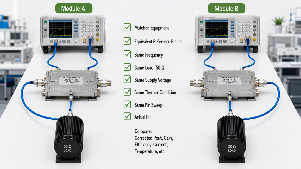 Fair RF PA gain comparison using equivalent reference planes and matched test conditions