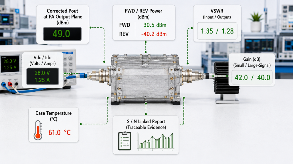 RF PA evaluation using corrected Pout, FWD and REV power, VSWR, DC current, temperature, and S/N-linked evidence