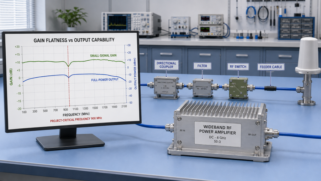 Wideband RF power amplifier gain flatness and full-power output compared at the project-critical 900 MHz frequency
