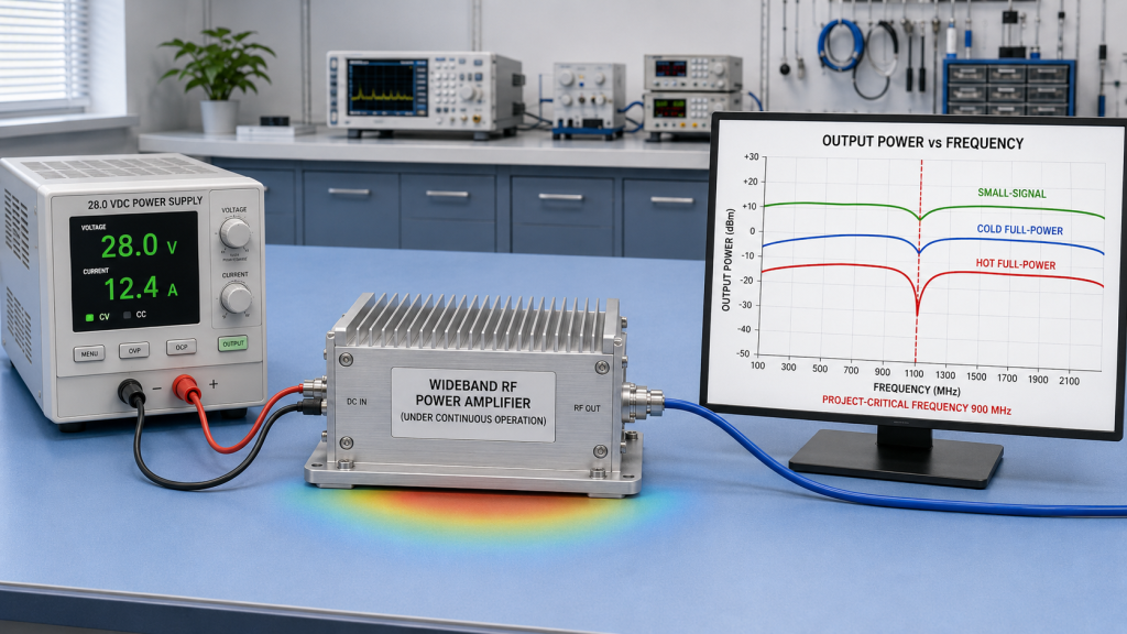 Continuous-operation RF power amplifier test comparing small-signal, cold full-power, and hot full-power output across frequency