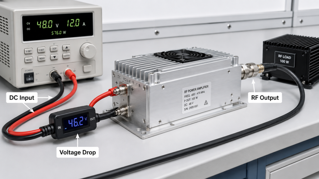 RF Power Amplifier DC power supply limits showing voltage drop, current demand, and reduced available RF output under load.