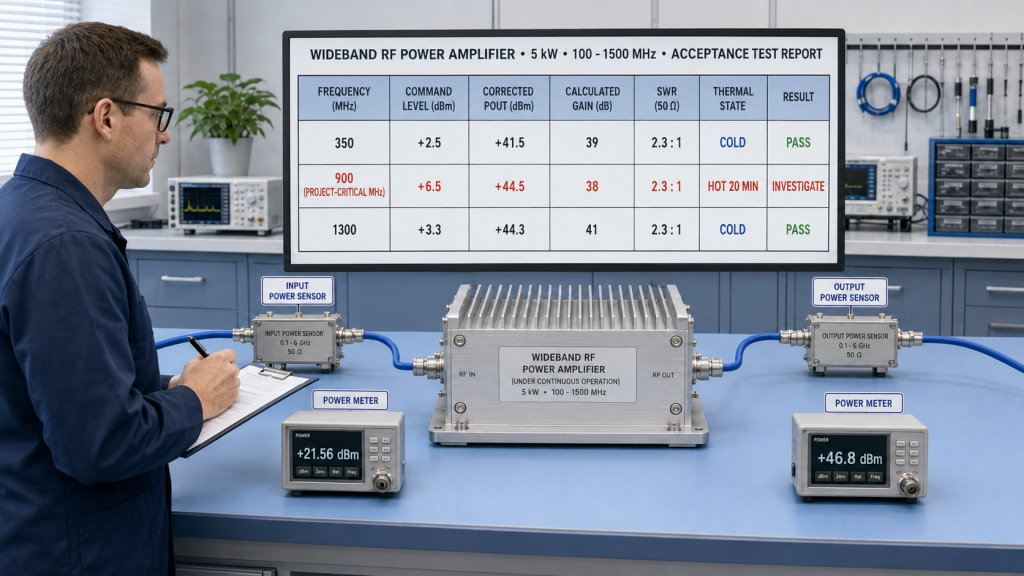 RF PA acceptance test report showing corrected Pout, calculated gain, SWR, thermal state, and result at the project-critical 900 MHz frequency