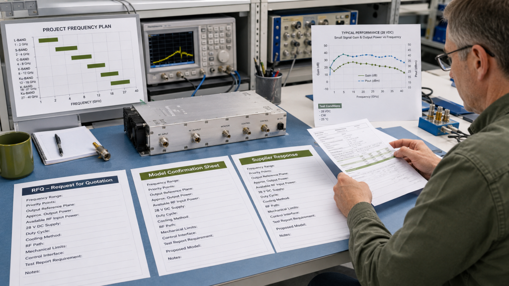 RFQ, model confirmation sheet, and supplier response used to confirm a wideband RF PA module