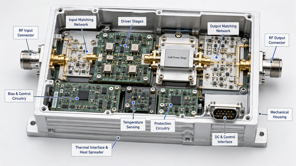 Internal architecture of GaN RF PA Modules showing matching networks, driver stages, control circuits, protection, and thermal interfaces