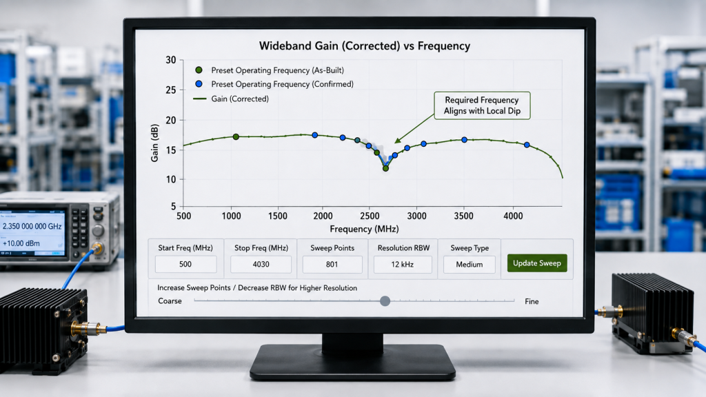 Frequency sweep showing a required RF PA operating frequency aligned with a local gain ripple dip