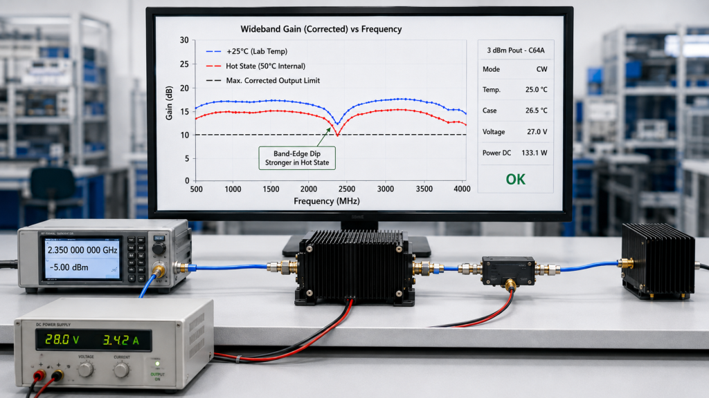 Cold-state and hot-state RF PA gain curves used to verify a local dip after thermal stabilization