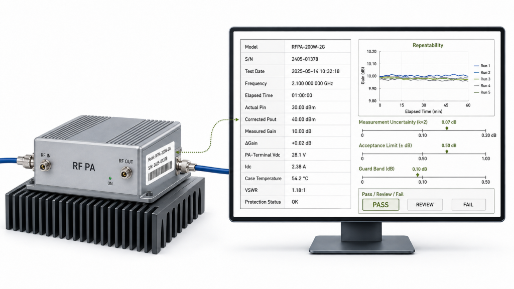S/N-linked RF PA gain drift report showing repeatability, measurement uncertainty, acceptance limit, guard band, and pass review or fail decision