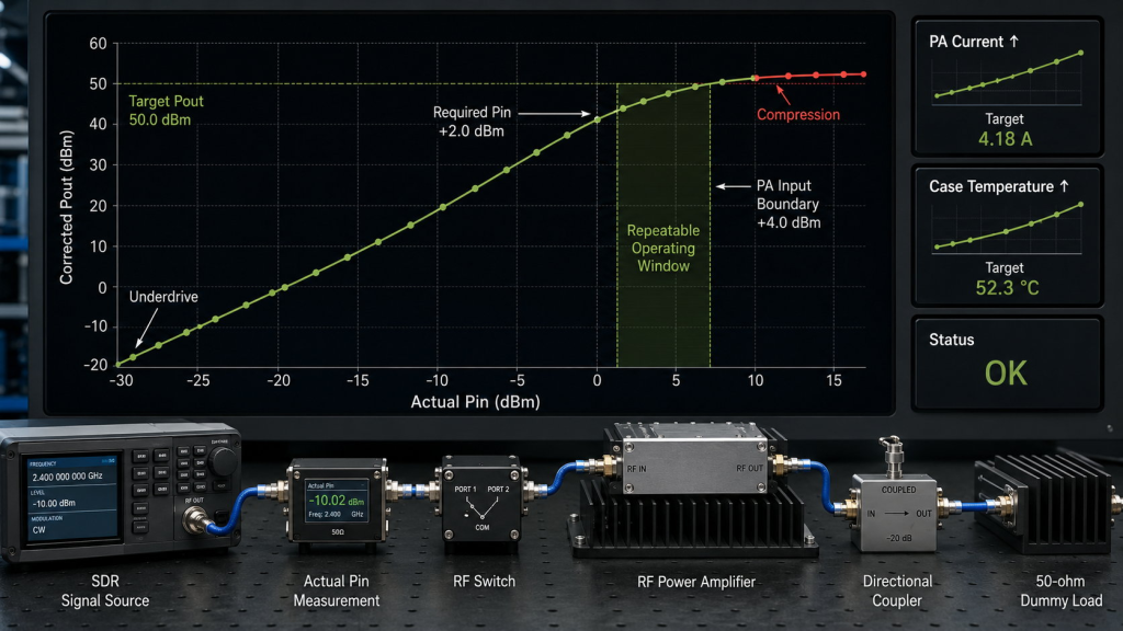 RF PA Pout-versus-Pin curve showing Required Pin, repeatable operating window, PA input boundary, compression, current, and case temperature