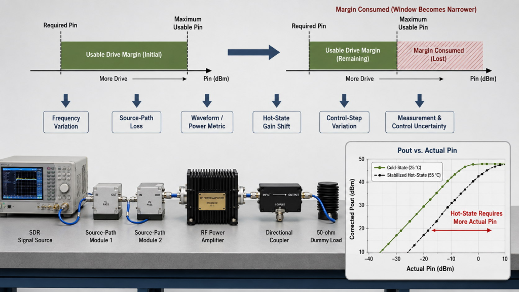 Frequency variation, source-path loss, waveform, thermal gain shift, control-step variation, and measurement uncertainty reducing SDR-to-PA drive margin