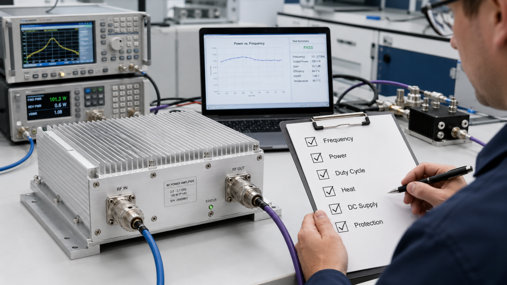RF Power Amplifier power margin approval checklist with frequency range, cable loss, duty cycle, thermal limits, DC supply, and protection status.