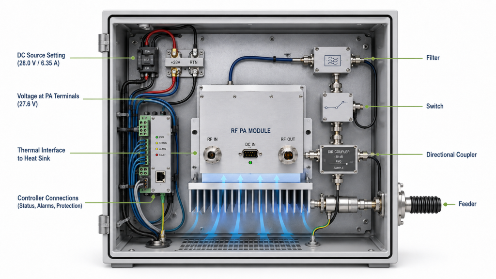 RF PA selection integration limits for DC supply, PA terminal voltage, thermal interface, control connections, filter, switch, coupler, and feeder