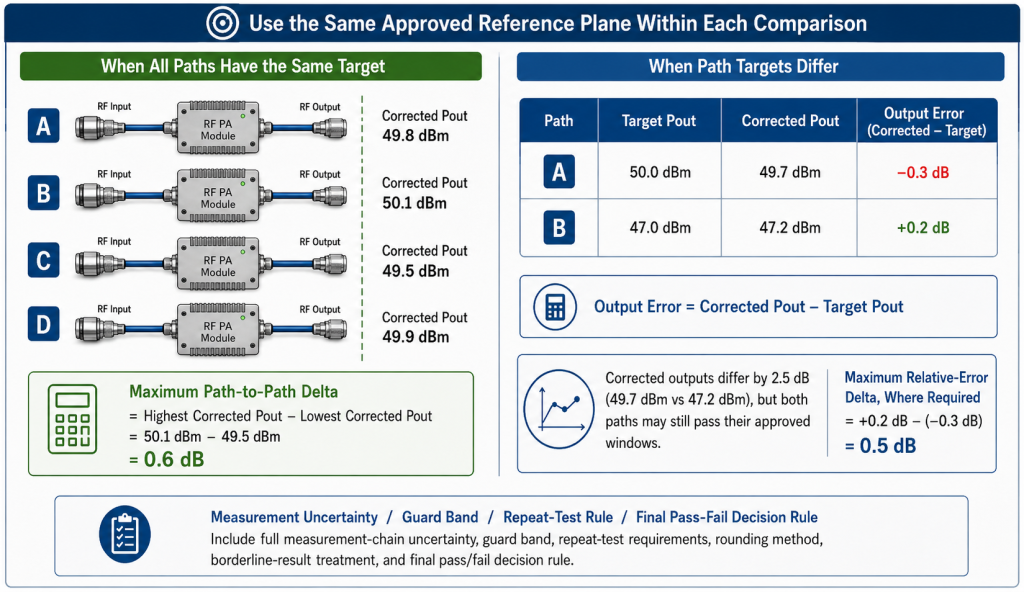 RF PA paths compared at the same approved reference plane using corrected output and relative error