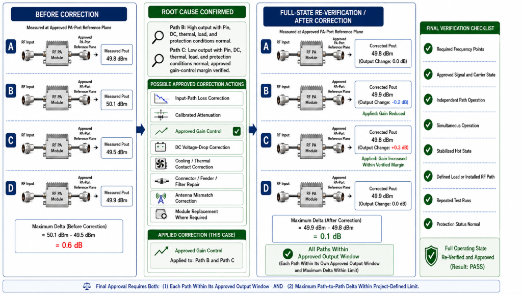 RF PA output correction and full-state reverification across four paths