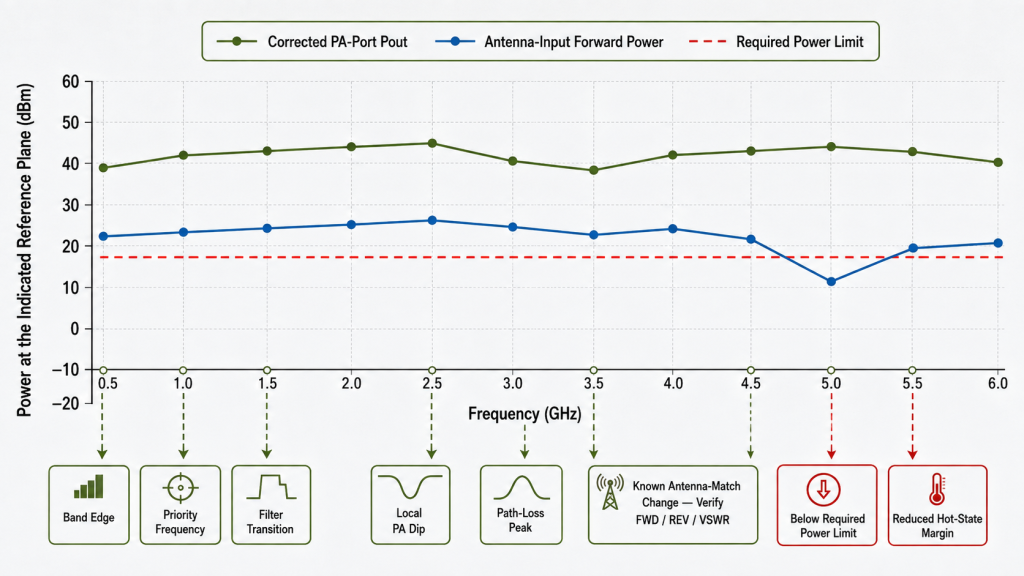 RF chain power curves showing band edges, filter transitions, PA output dips, path-loss peaks, antenna-match changes, and reduced hot-state margin