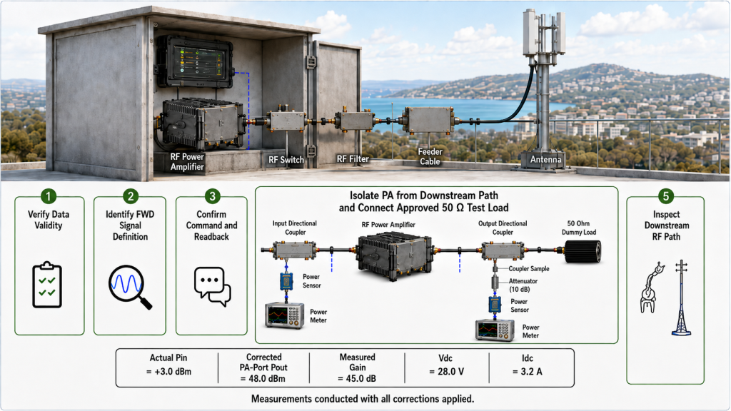 Remote RF PA weak output diagnosis using data validity FWD definition calibrated measurements and downstream path inspection