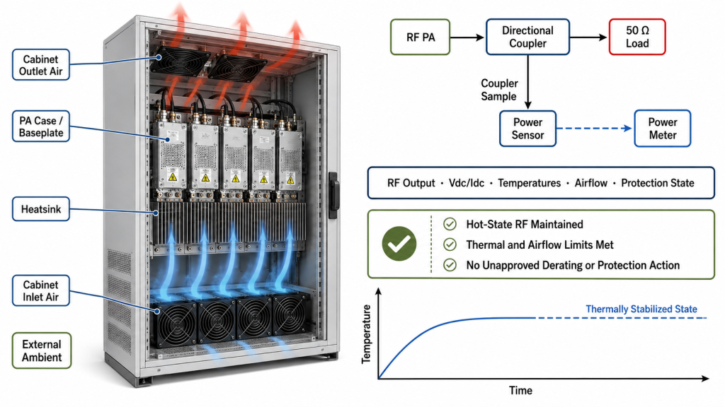 Closed-cabinet RF PA thermal test monitoring hot-state RF output, temperatures, airflow, and protection status