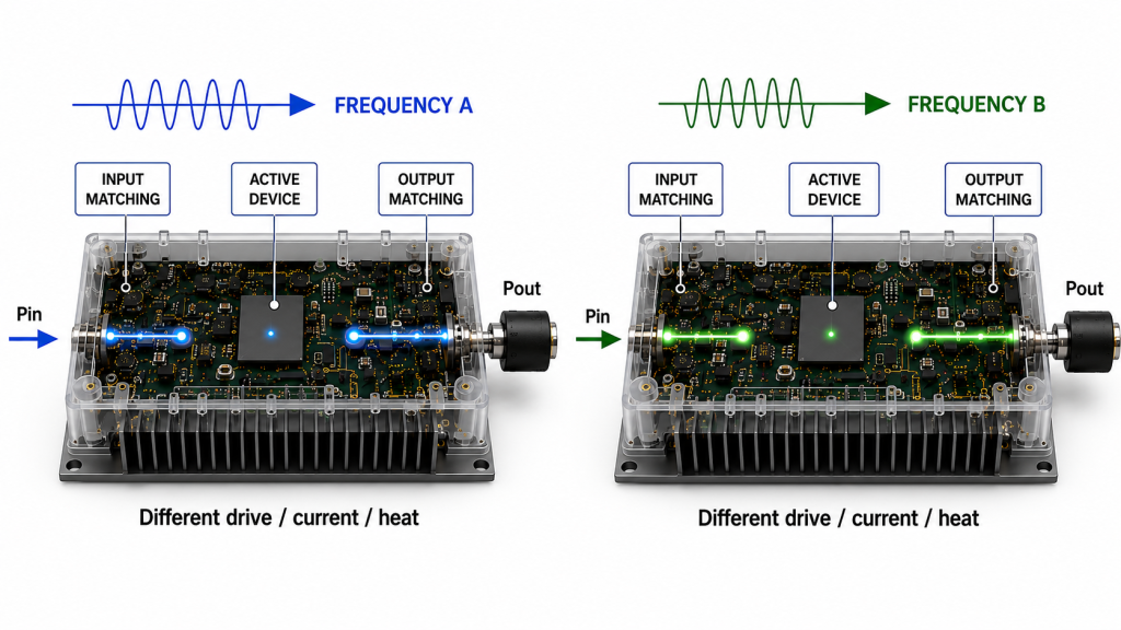 RF PA showing different drive, current, and heat behavior at two frequencies within the same rated band