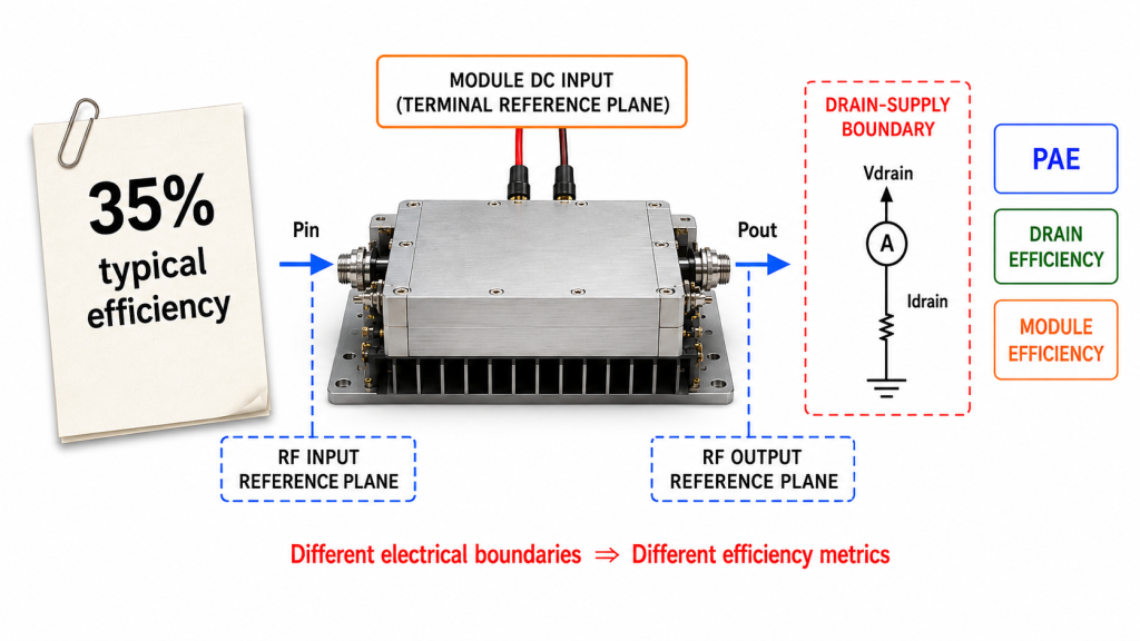 RF PA efficiency measurement showing input and output reference planes, module DC input boundary, and drain-supply boundary