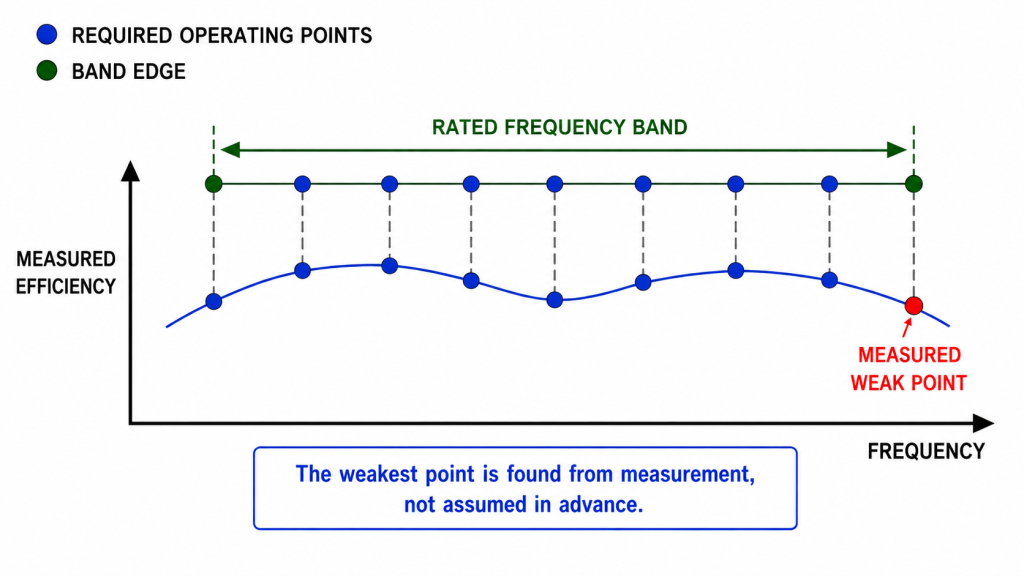RF PA efficiency comparison across required operating points and band edges to identify the weakest measured frequency
