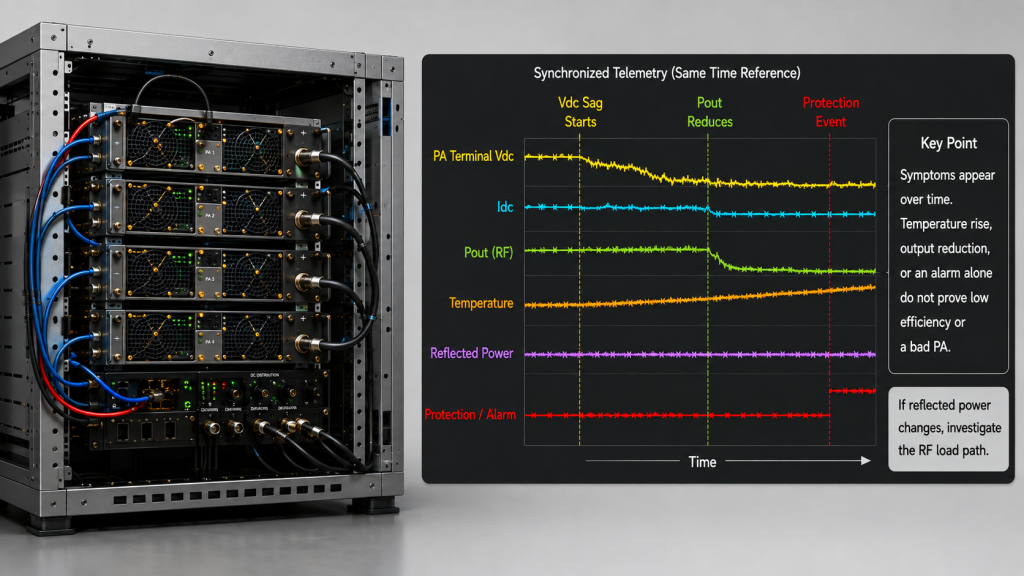 Synchronized RF PA telemetry showing voltage sag, output reduction, temperature change, and protection events under DC power stress