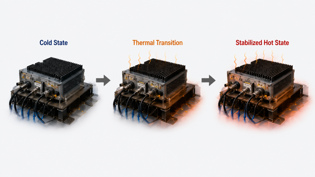 RF PA operating states from cold state through thermal transition to stabilized hot state during continuous CW operation