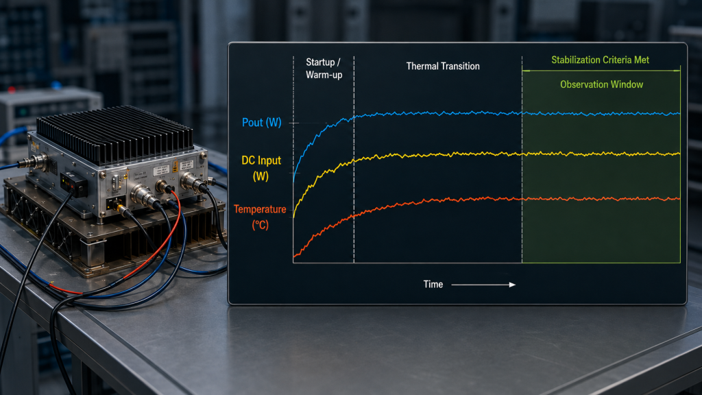 RF PA CW efficiency stabilization showing startup, thermal transition, and the stabilized hot-state observation window
